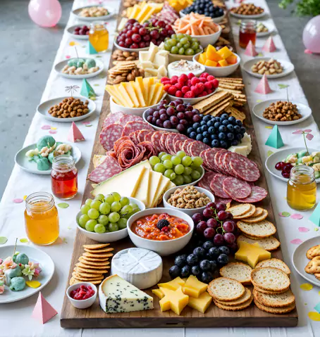 Colorful grazing platters featuring fruits, cheese cubes, and crackers.
