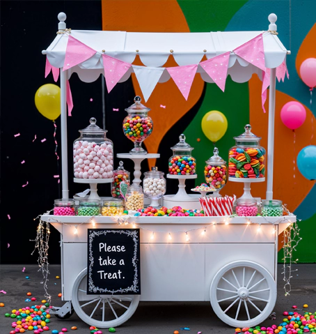 Exciting live food stations with popcorn carts and candy floss machines.
