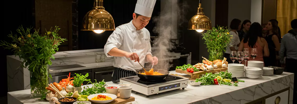 Interactive live cooking stations offering freshly prepared meals tailored for special events in Dubai.