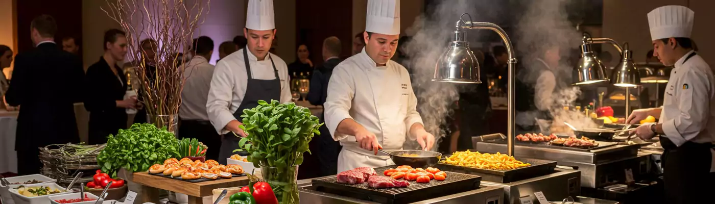 Live cooking stations for business meeting catering, with chefs preparing meals on-site as part of premium corporate catering in Dubai