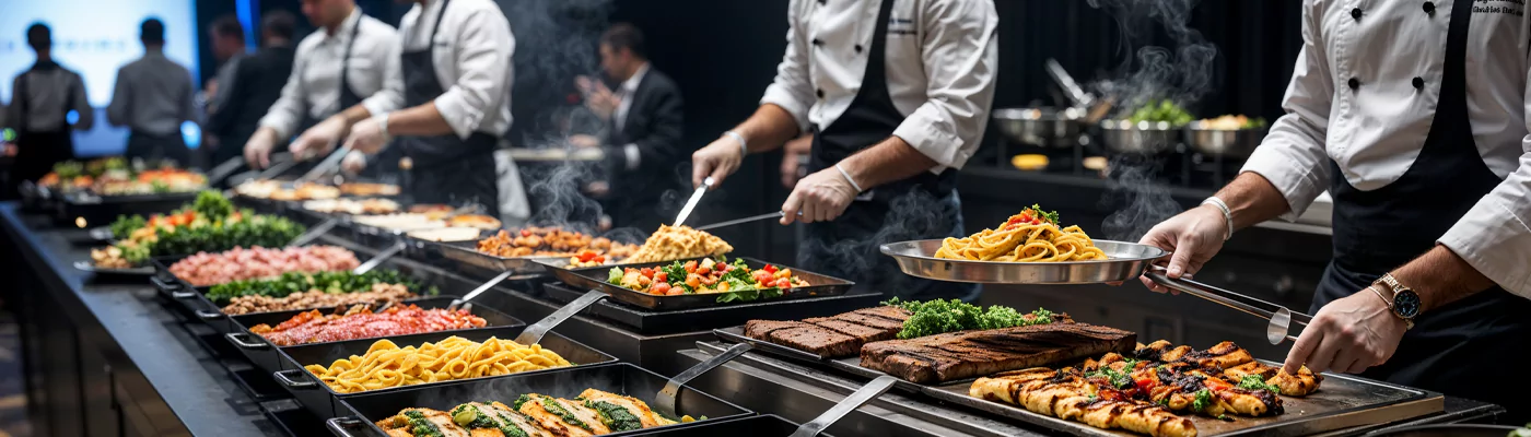 Live cooking stations offering fresh meals for staff catering service in for staff in Dubai.
