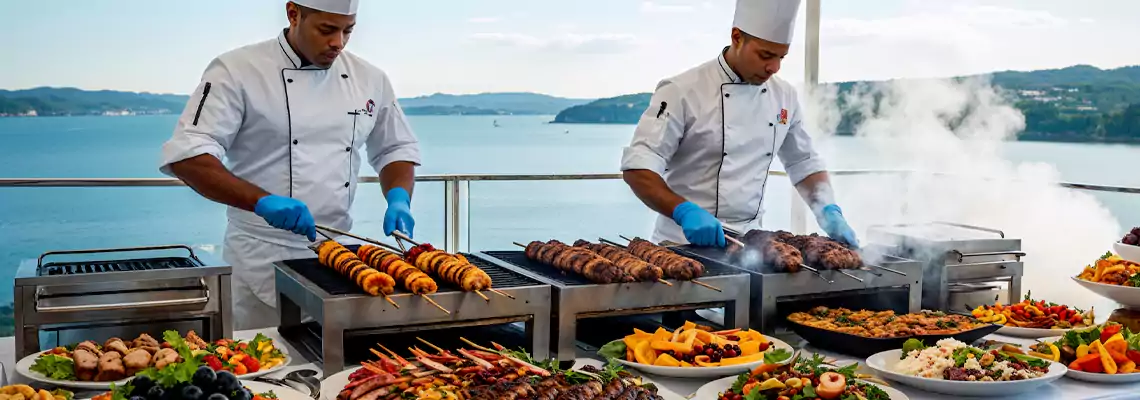 Interactive live cooking stations offering freshly prepared meals on yachts.