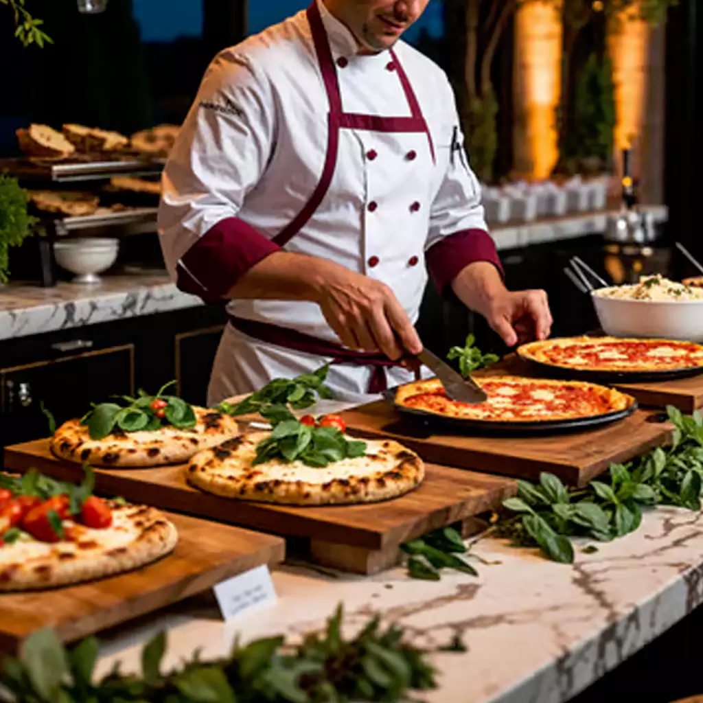 Chefs showcasing dynamic cooking techniques at live stations.