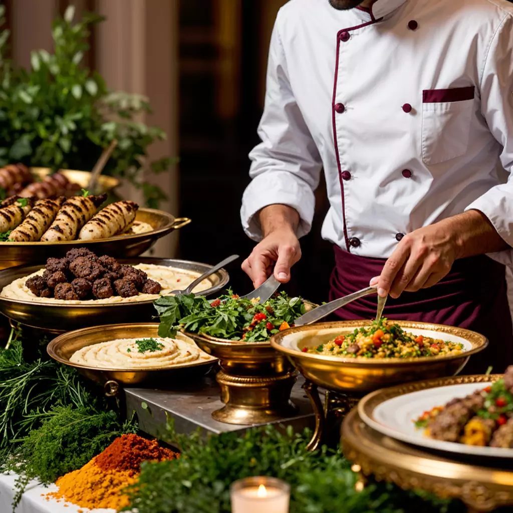 Elegant buffet setups complemented by live cooking experiences.