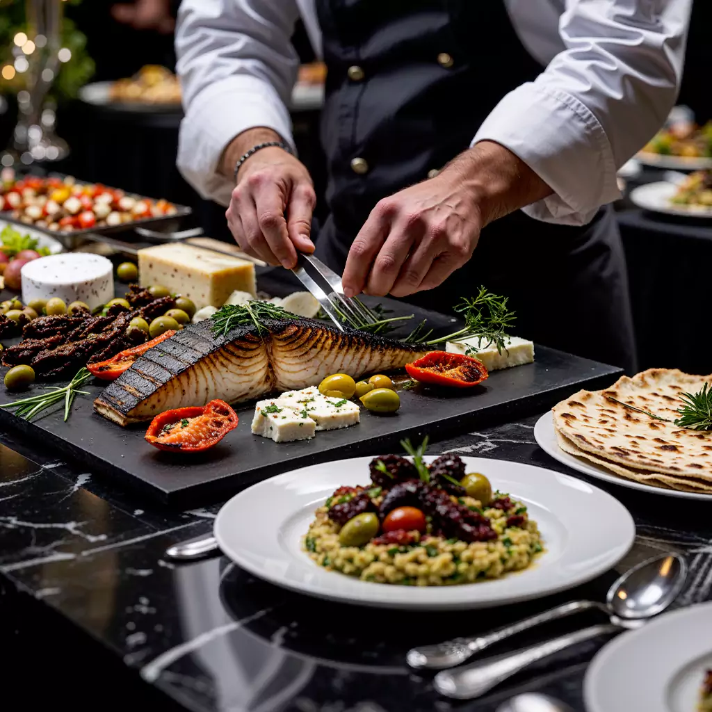 Elegant seafood live station with freshly grilled prawns and fish.