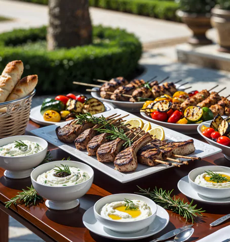 Mediterranean BBQ showcasing fresh kebabs, grilled vegetables, and flavorful spices.