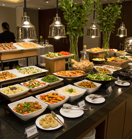 A Mediterranean-inspired buffet for business meeting catering, featuring salads, grilled vegetables, and dips for corporate catering in Dubai