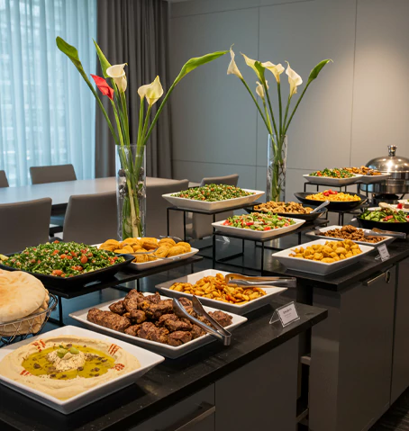 A Middle Eastern buffet for business meeting catering, featuring fresh salads, grilled meats, and traditional dips, perfect for corporate catering in Dubai.