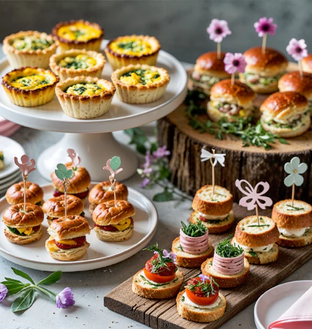 Delicious mini sliders, quiches, and pastries perfect for mingling guests.