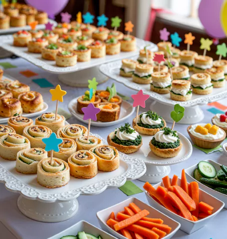 Mini sliders, bite-sized pizzas, and chicken nuggets for happy little guests.