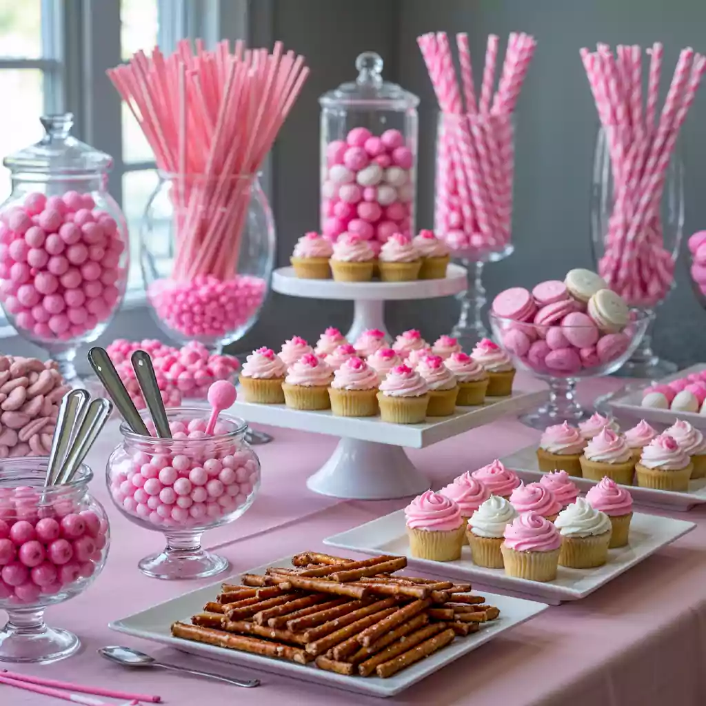 Elegant catering dessert table with raspberry cupcakes, pink macarons, cake pops, and gourmet pastries, perfect for upscale celebrations.