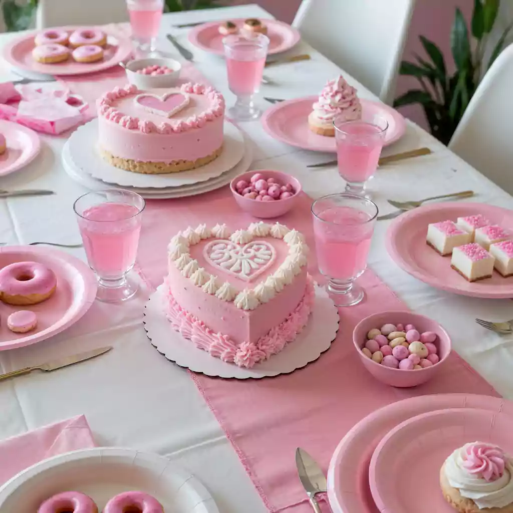 Elegant private catering setup with heart-shaped cakes, pink desserts, and matching table décor, perfect for birthdays, baby showers, and celebrations.