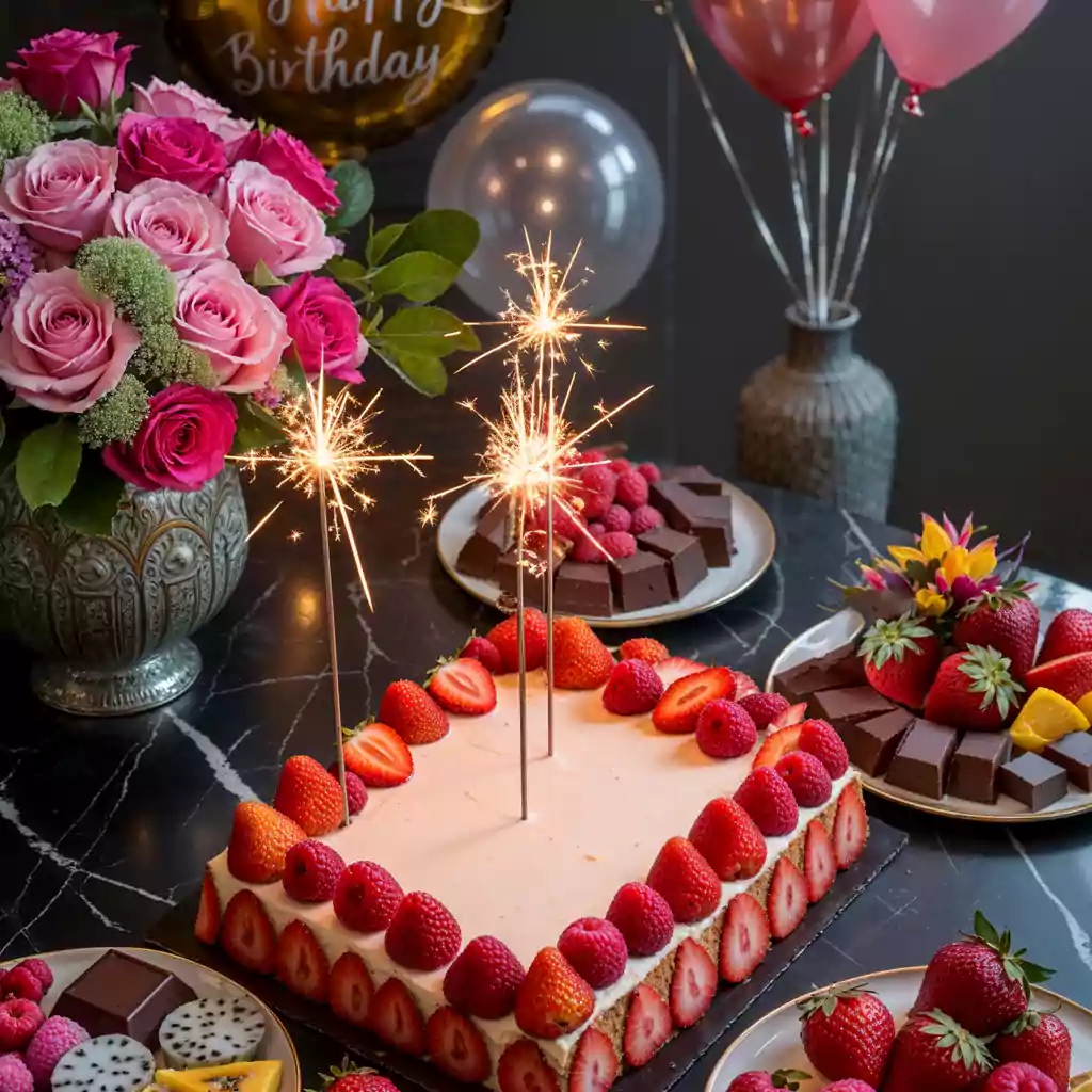 birthday catering with a gourmet strawberry cake, chocolate treats, and floral decor, creating a stylish and festive celebration.