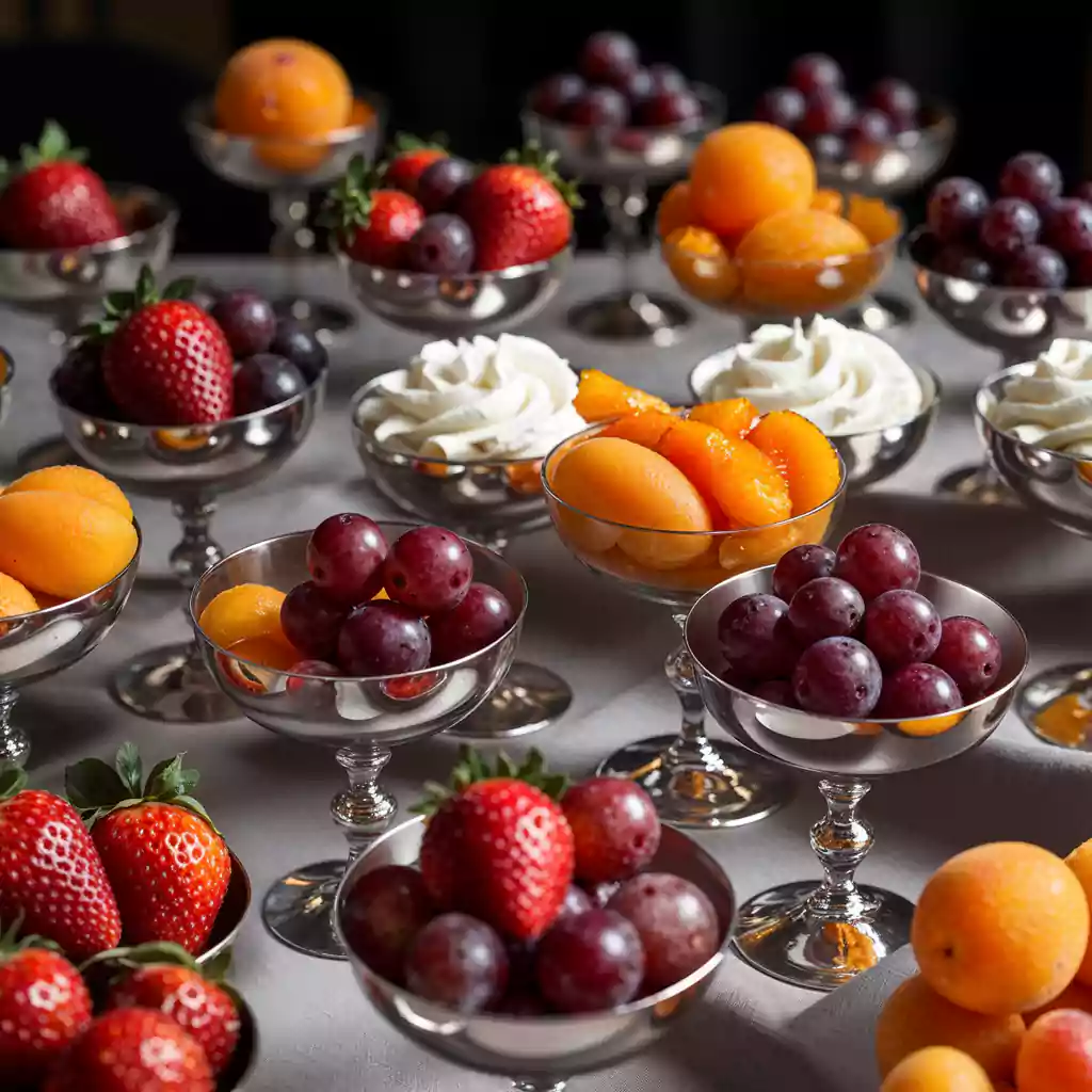 Elegant catering with gourmet fruit desserts, including strawberries, grapes, apricots, and whipped cream, served in silver cups for events.