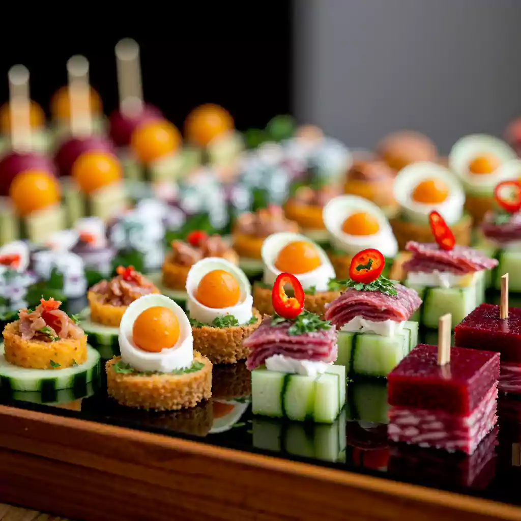 catering with gourmet canapés, featuring quail eggs, cured meats, fresh herbs, and artistic presentations for upscale event