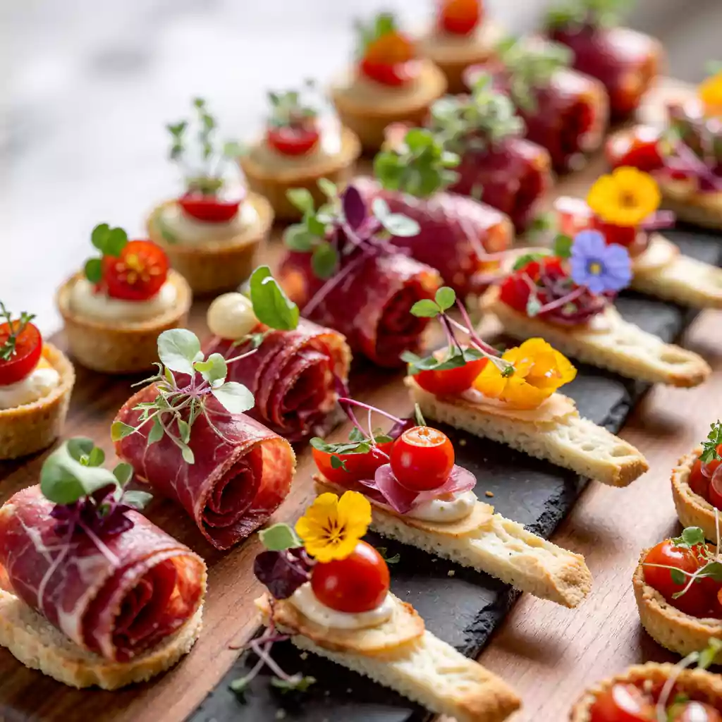 Elegant private catering with gourmet canapés, featuring cured meats, cherry tomatoes, edible flowers, and fresh herbs for luxury events
