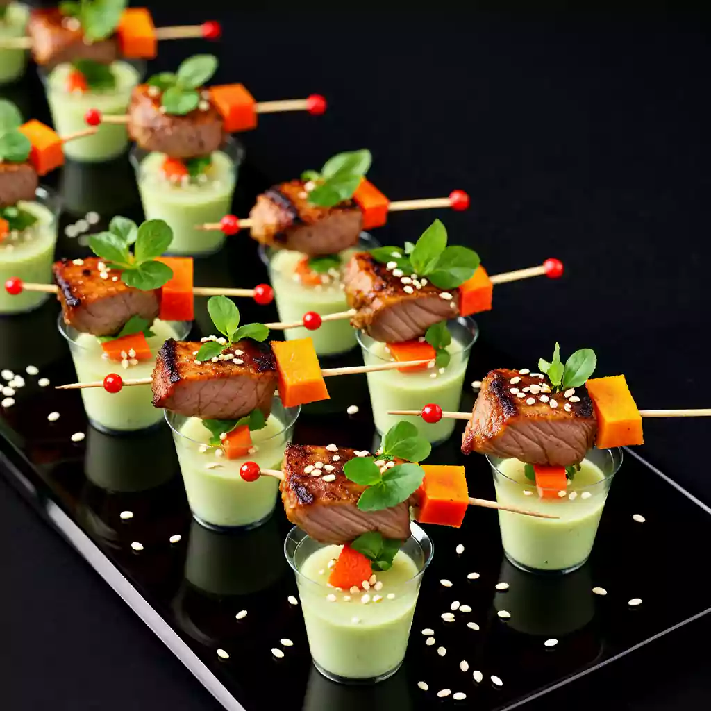Luxury private catering with glazed salmon skewers, sesame seeds, fresh herbs, and avocado mousse, elegantly presented for upscale events.