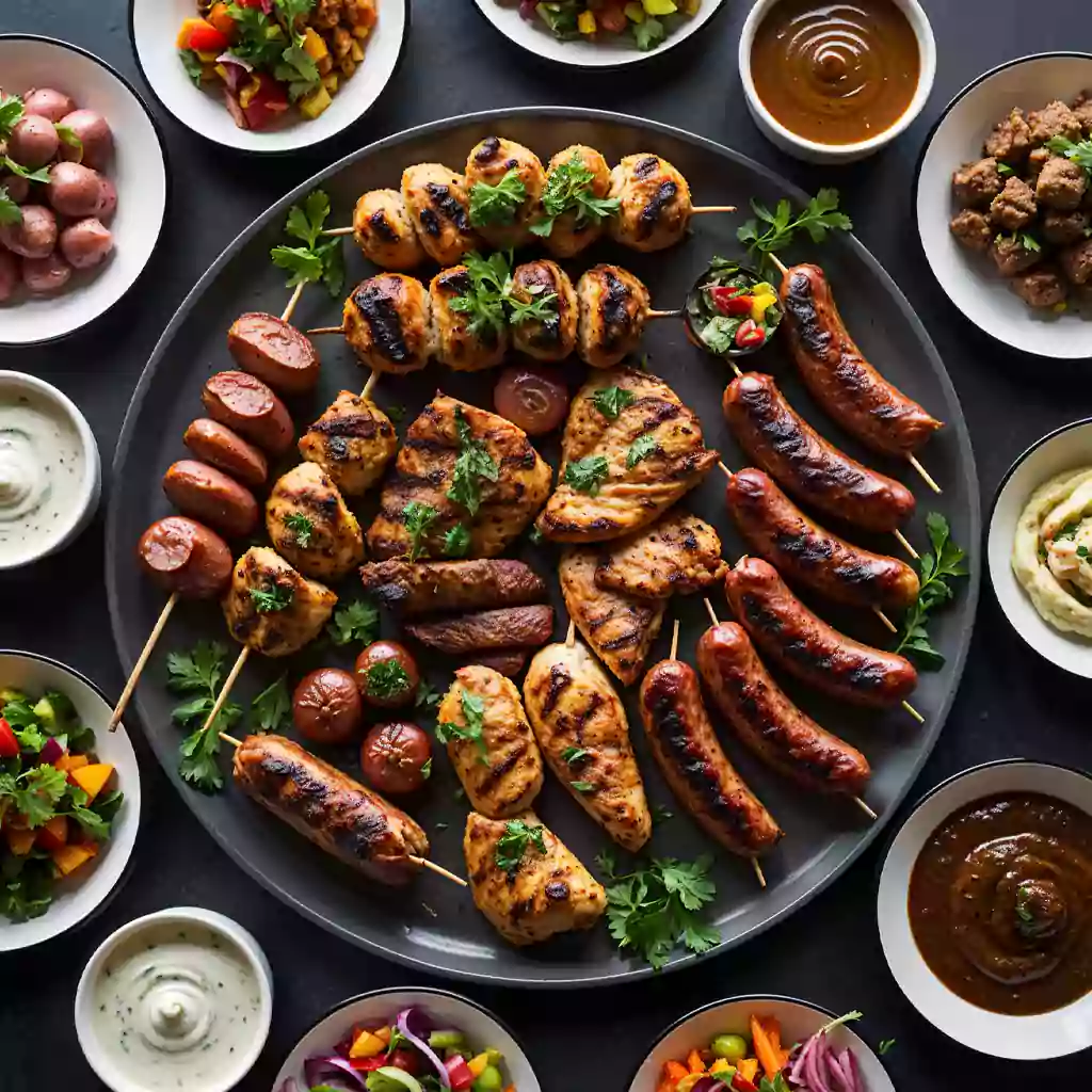 Deluxe BBQ catering with grilled chicken, sausages, skewers, and gourmet sides, offering a flavorful outdoor dining experience for events