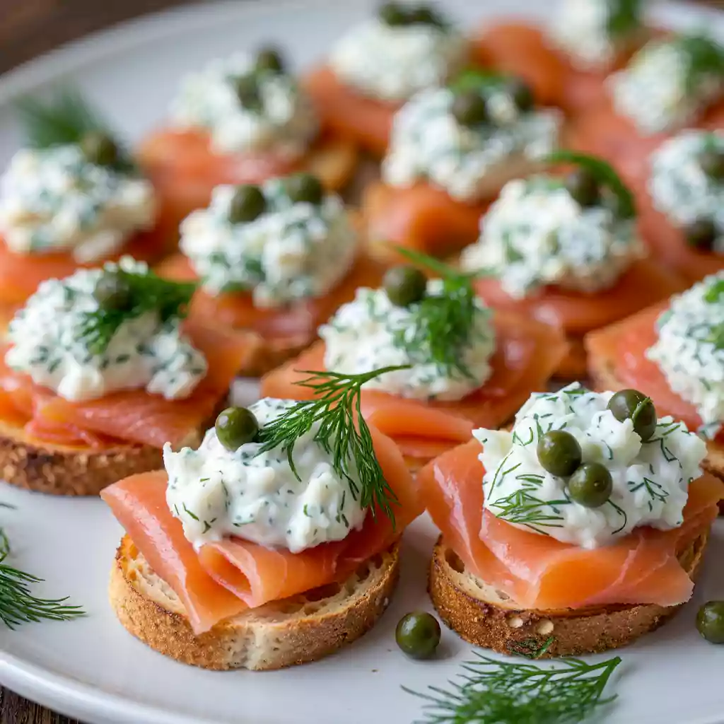 Luxury private catering with smoked salmon canapés, topped with creamy dill spread, capers, and fresh herbs, elegantly served for upscale events