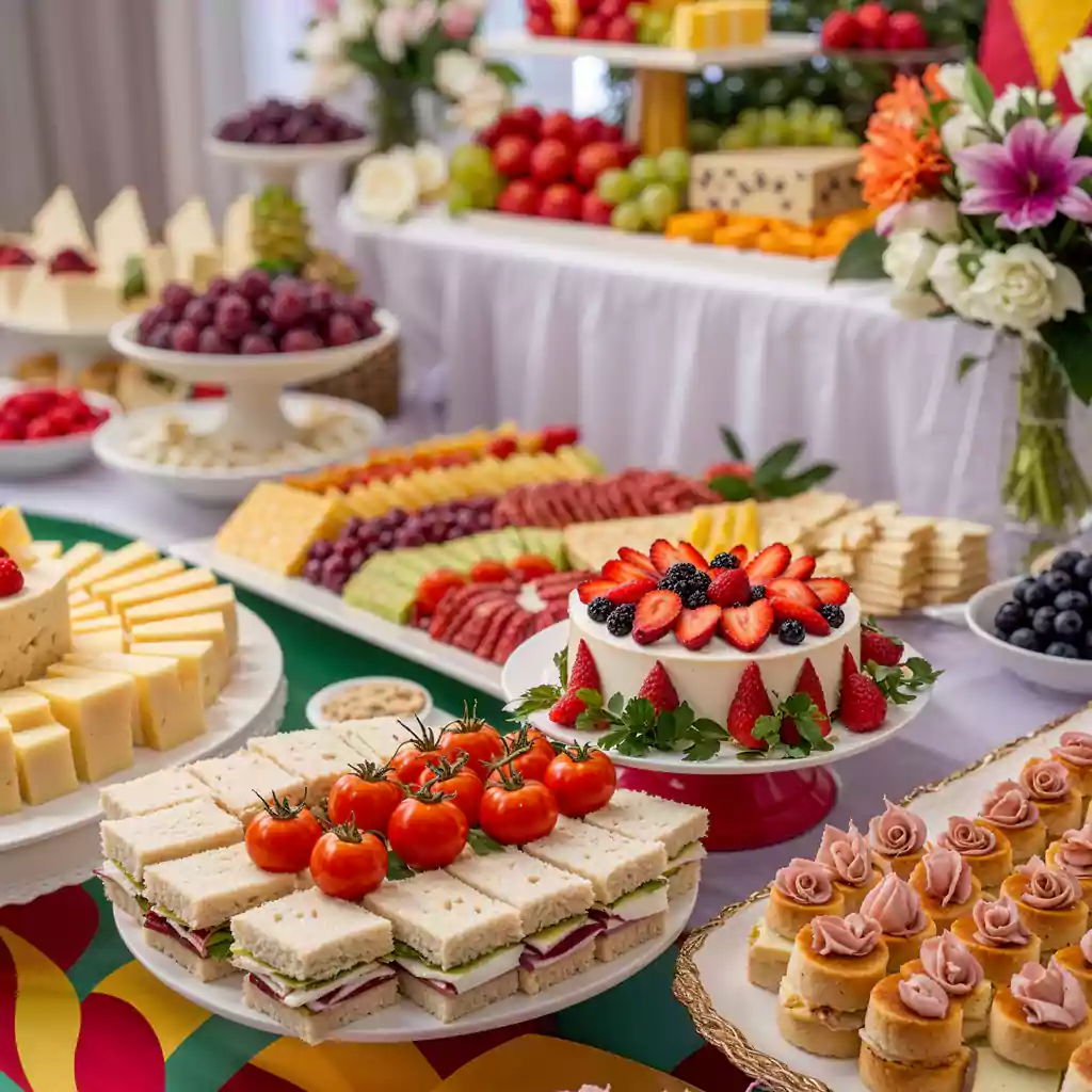 catering with vibrant floral decor, gourmet fruit platters, artisanal desserts, and an elegant cake, perfect for upscale celebrations