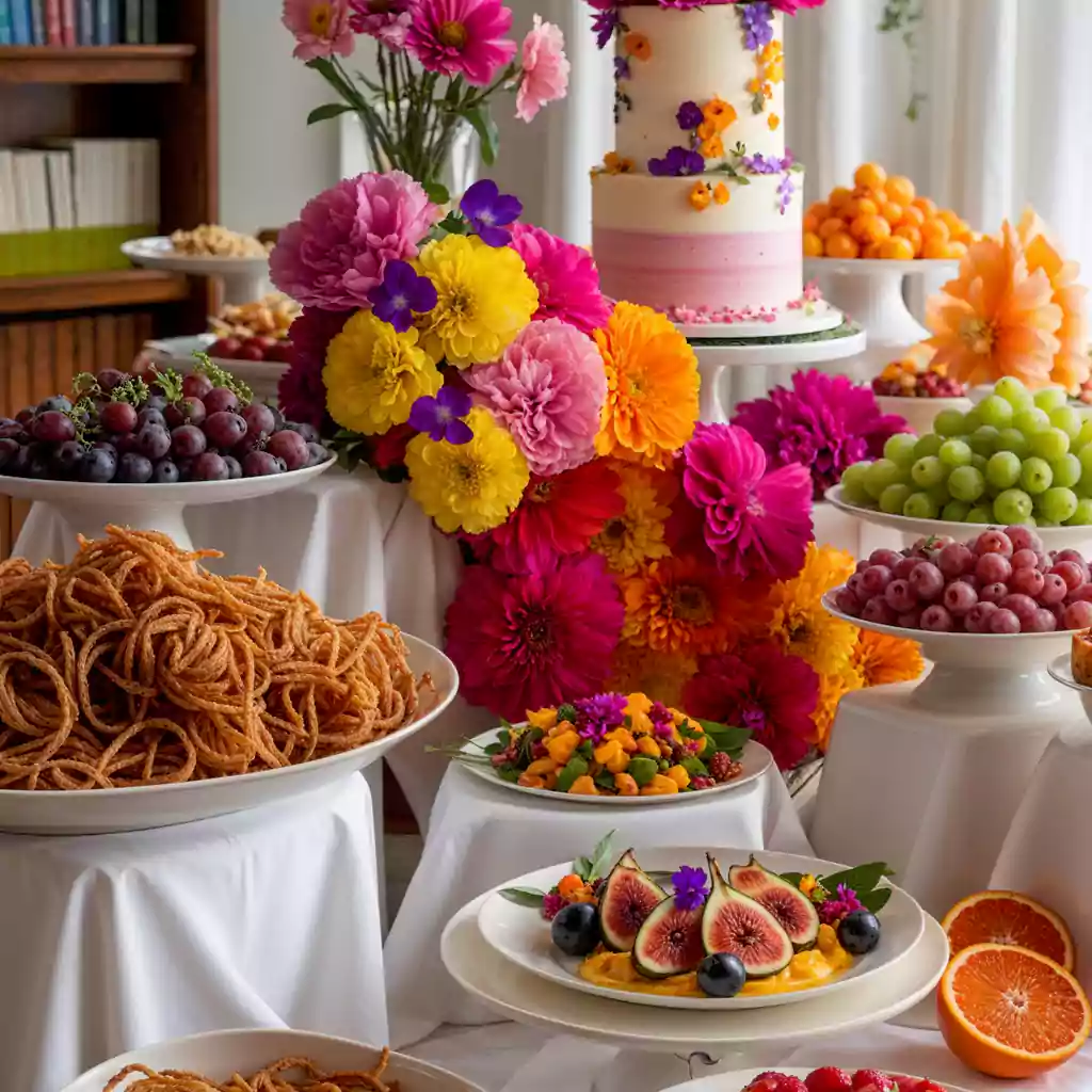 Elegant private catering buffet with gourmet rice dishes, seasoned meats, and fine dining presentation, perfect for upscale events and celebrations