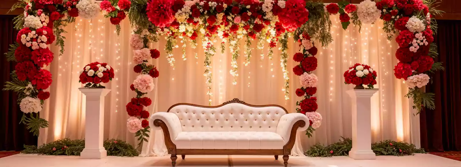 Luxurious South Asian wedding stage in Dubai, featuring a white and gold sofa, vibrant red and pink floral arch, and warm string lights backdrop.