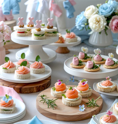 Vibrant vegetable bites and smoked salmon rolls for a sophisticated baby shower.