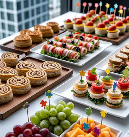 Colorful vegetable sticks and mini cheese bites crafted for kids' themed parties.