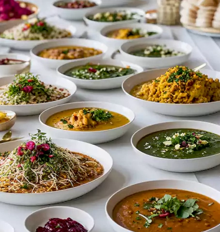 South Asian wedding banquet with vibrant dishes