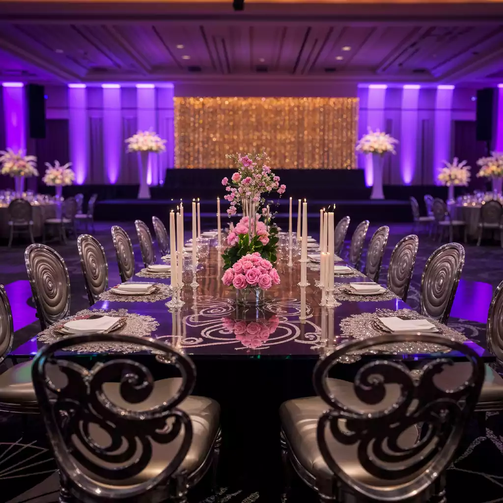 Elegant wedding dinner setting with chandeliers, glass decor, and soft pastel floral arrangements.