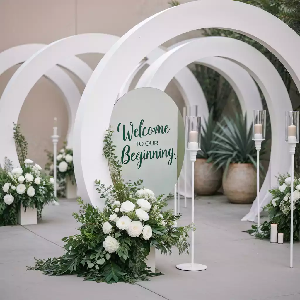 Elegant wedding entrance with white floral decor and a sign reading "Welcome to Our Beginning," set against modern white arches.