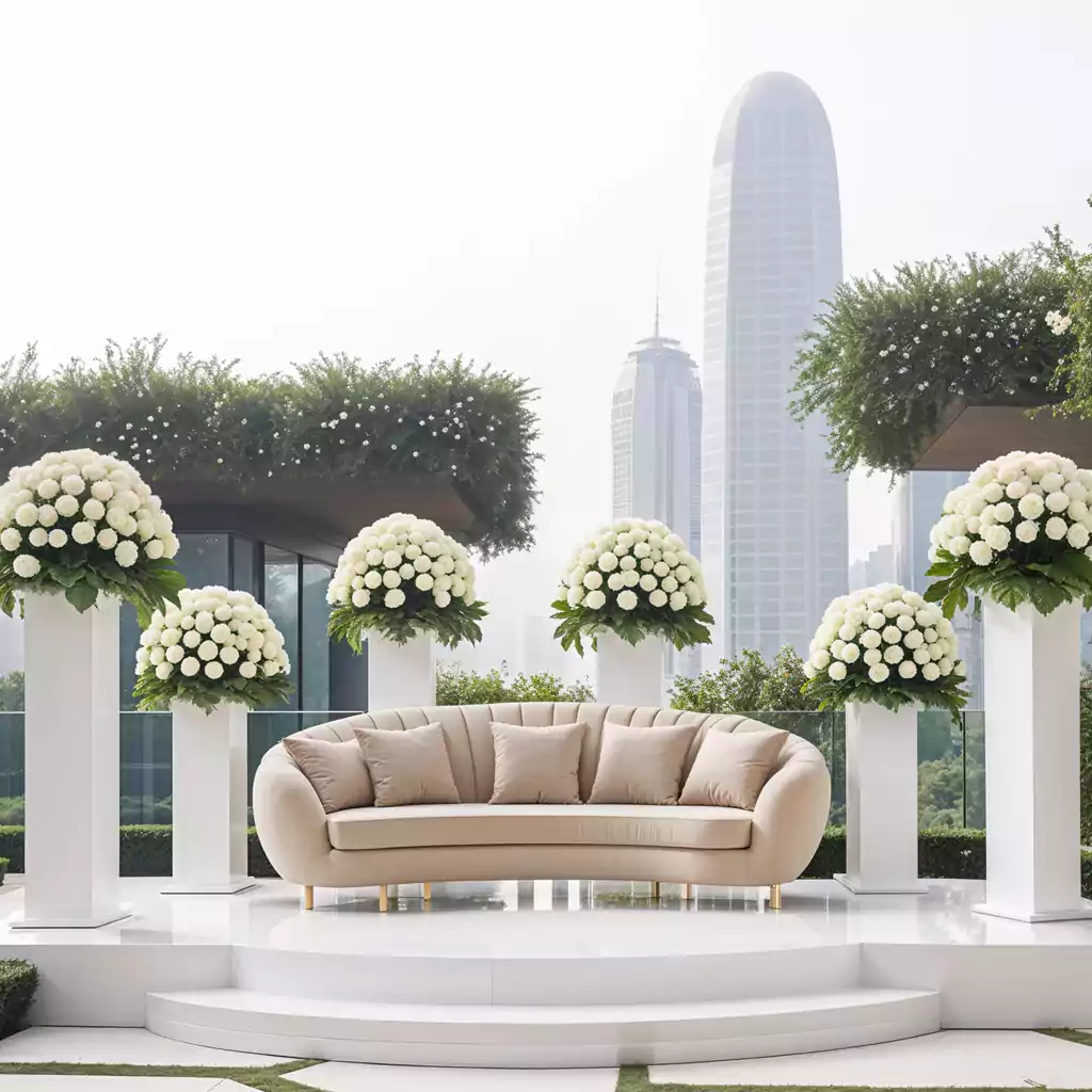 Elegant outdoor wedding stage with a beige luxury sofa, white floral arrangements on tall pedestals, and a stunning city skyline backdrop.
