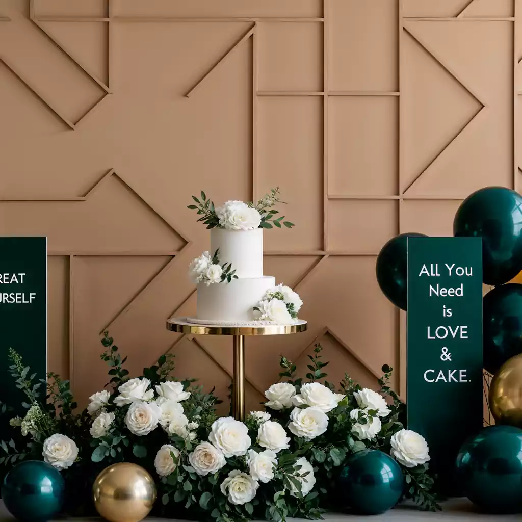 Elegant wedding cake display with a minimalist white two-tier cake adorned with fresh flowers, surrounded by lush white roses, greenery, and dark green and gold balloons