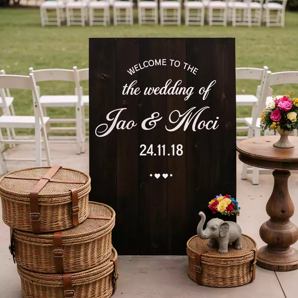 Rustic outdoor wedding welcome sign with elegant white lettering on a dark wooden board, surrounded by woven wicker baskets