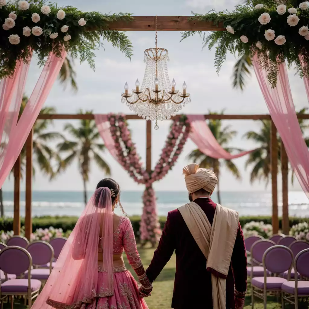 A South Asian couple in traditional wedding attire walks hand in hand toward a beautifully decorated beachfront mandap, adorned with pink drapery, floral arrangements