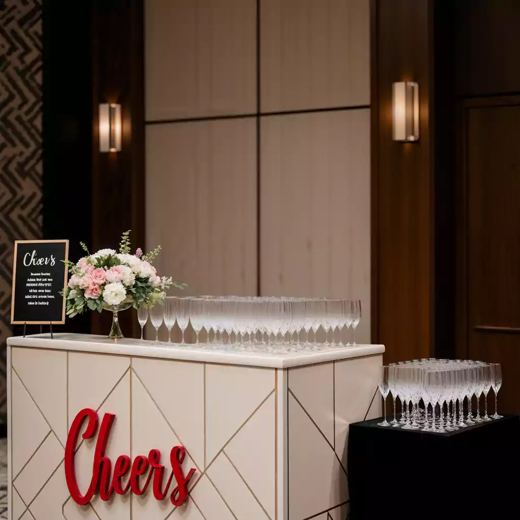 A stylish wedding bar setup featuring a white counter with a red "Cheers" sign, neatly arranged champagne glasses, a floral arrangement, and a decorative sign