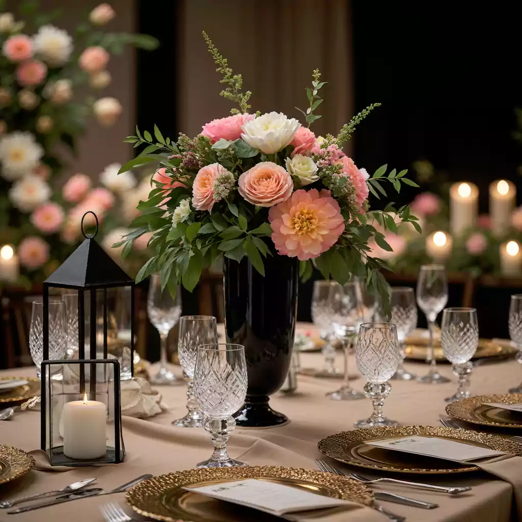 A beautifully decorated wedding table featuring an elegant floral centerpiece with peach and white flowers in a black vase, crystal glassware, gold-rimmed plates, and candlelit lanterns