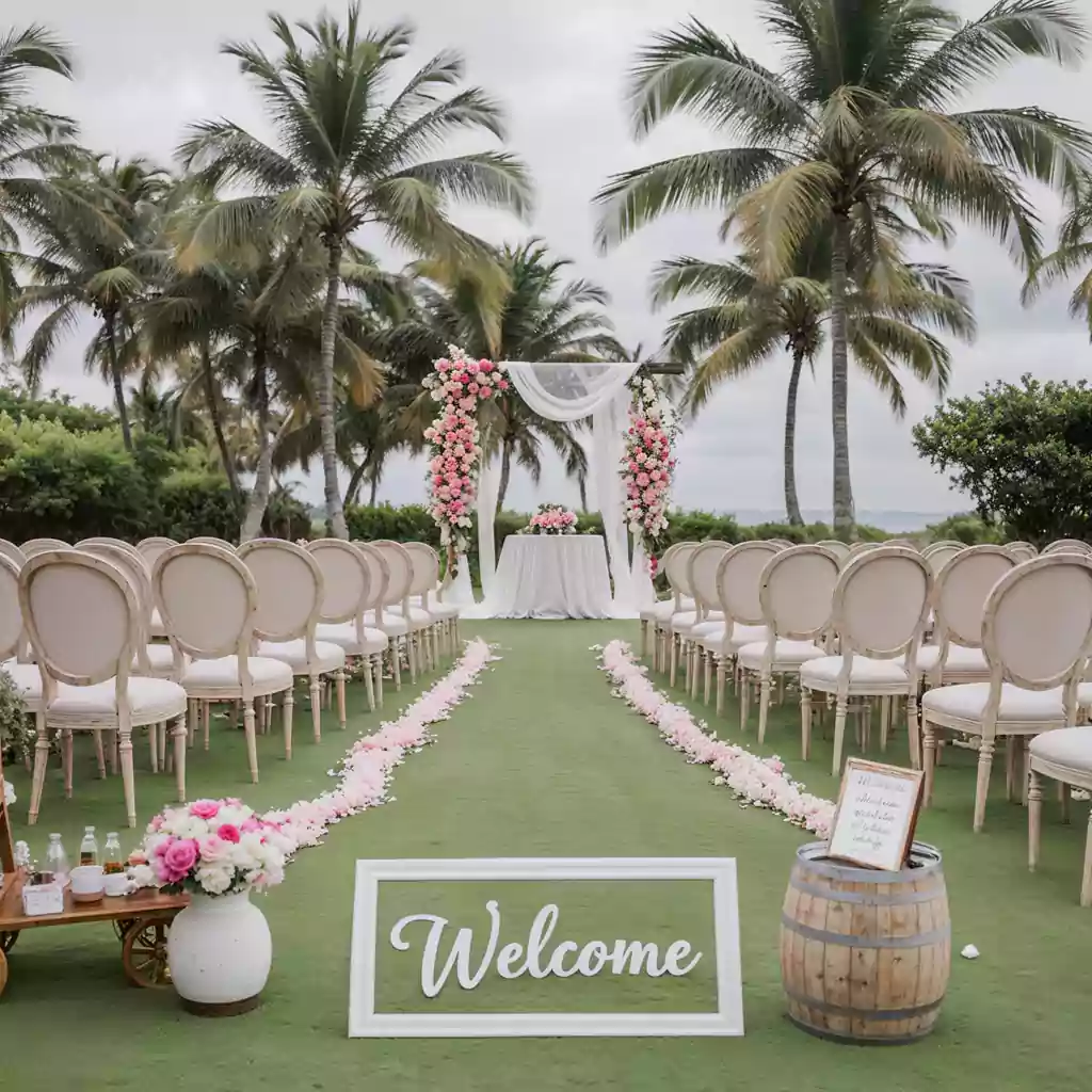 Elegant outdoor wedding ceremony setup with floral aisle and welcome sign.