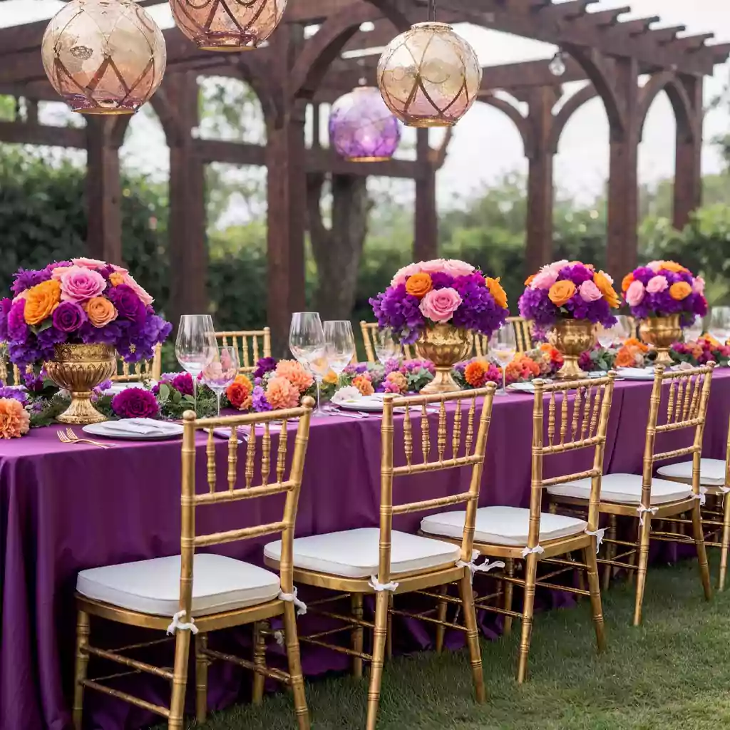 Vibrant outdoor wedding reception with purple and gold decor.