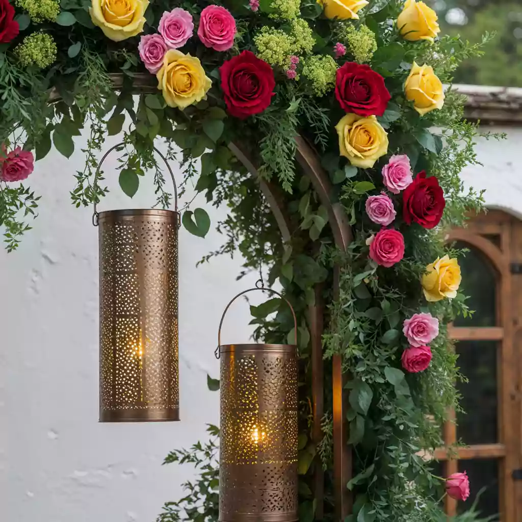Rustic Floral Wedding Arch – Charming outdoor wedding arch with lanterns and flowers.