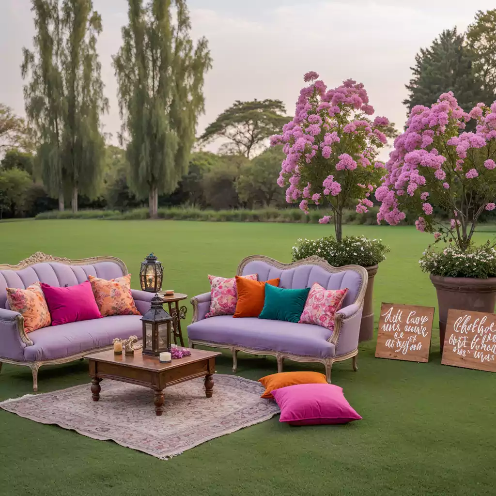 Outdoor Wedding Lounge – Elegant vintage seating with colorful cushions in a garden setting
