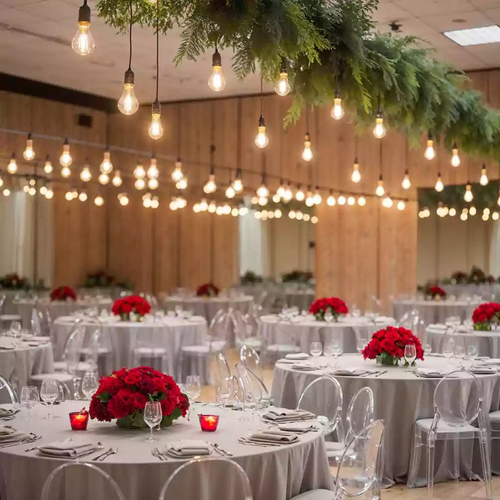 Elegant wedding reception with red floral centerpieces, gray table settings, and hanging lights.