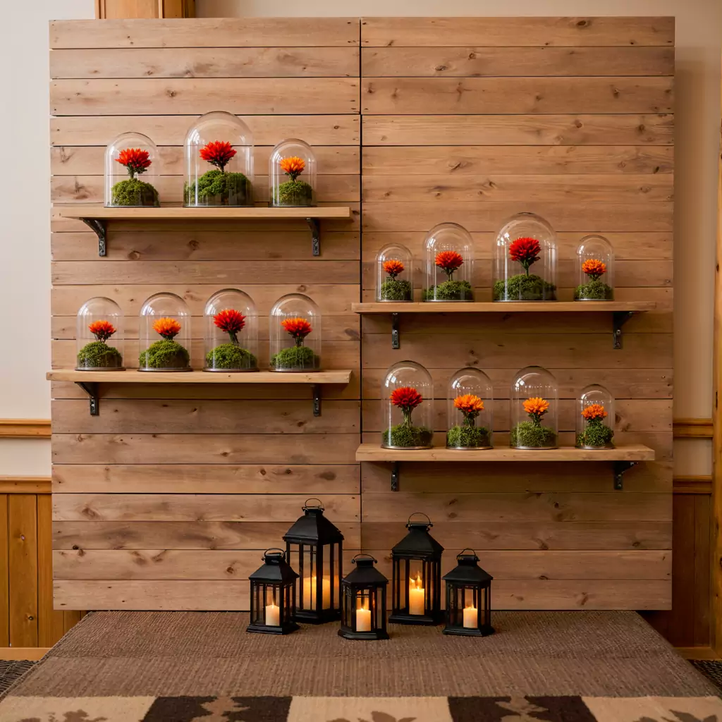 Rustic wedding decor with wooden shelves, glass-domed flowers, and candle lanterns