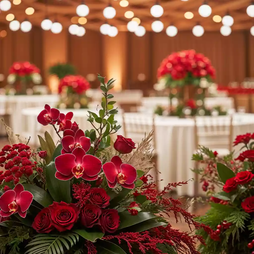 Elegant wedding reception with luxurious red floral arrangements and ambient lighting