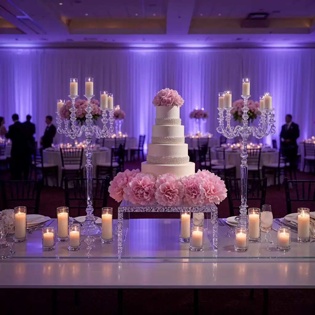 Luxurious wedding reception table setup with a grand cake, candles, and elegant floral arrangements.