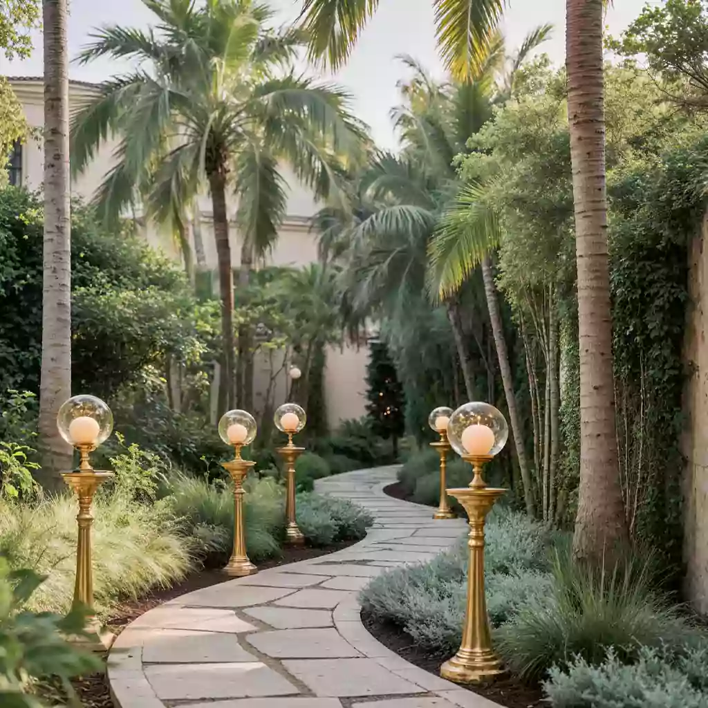 Garden wedding venue pathway with tropical greenery and golden lantern-style lights
