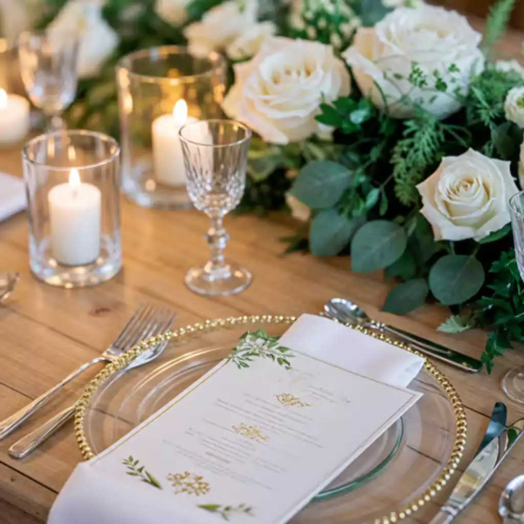 Elegant wedding table setup with white floral decorations and candlelit ambiance.