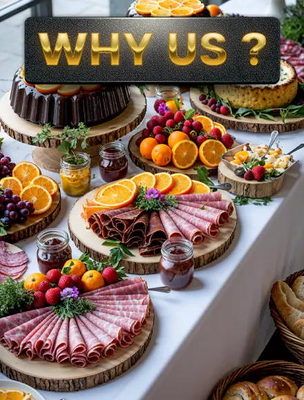 An elegant catering spread featuring an assortment of fresh fruits, artisanal cheeses, charcuterie, and gourmet appetizers, styled for a premium dining experience