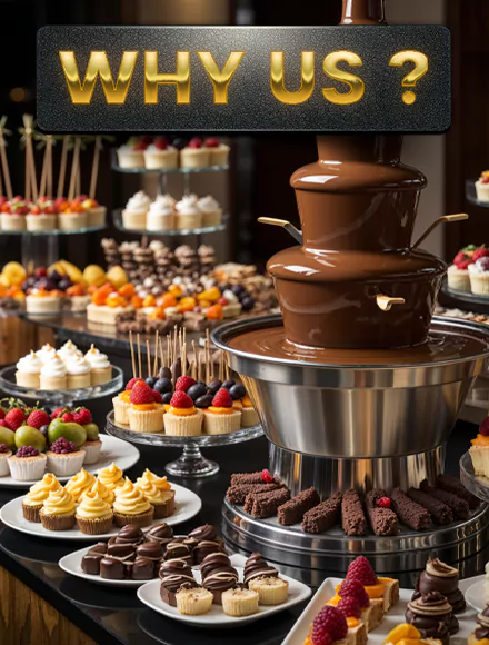 Premium private catering with a luxury chocolate fountain, gourmet desserts, and elegant presentation, offering an exceptional event dining experience