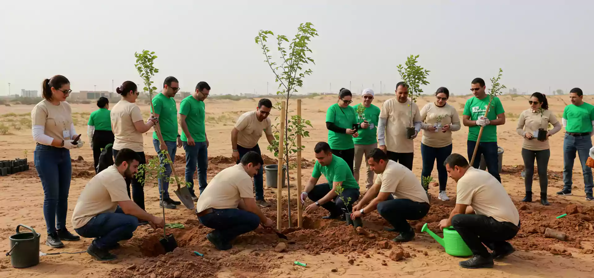 CSR team-building activity in Dubai with employees planting trees, promoting sustainability, teamwork, and environmental responsibility in a corporate initiative